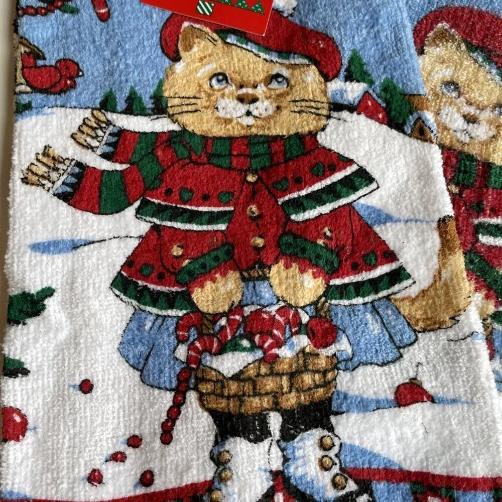 Vintage Christmas Classics Kitchen Towel Cat Kitten Anthropomorphic Set of 2